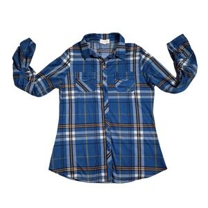 Urban Girl Womens Blue Plaid Roll Tab Long Sleeve Button Down Shirt Large